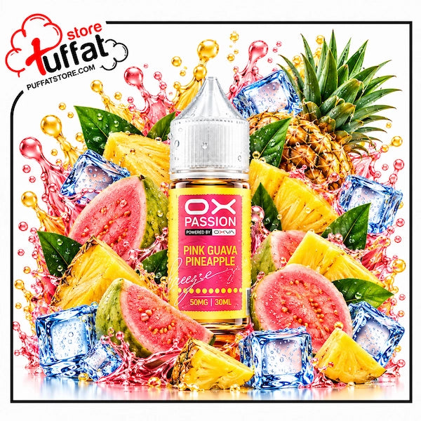 Immerse yourself in an exotic fruit fusion with **OX PASSION Pink Guava Pineapple Freeze**, now available at **Puffat Store**—a luscious blend of sweet, aromatic pink guava and tangy golden pineapple slices, supercharged with an icy arctic hit for the ultimate vibrant, all-day salt nic satisfaction.
