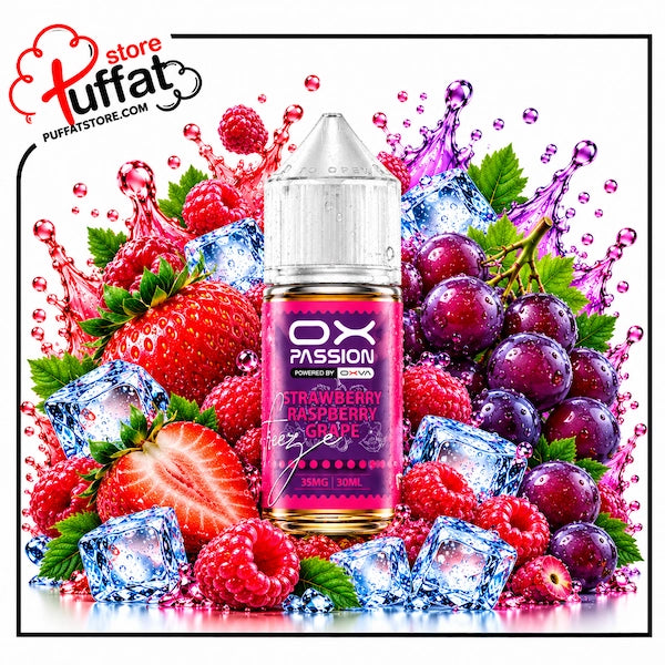 Experience an irresistible burst of flavor with OX PASSION Strawberry Raspberry Grape Freeze, now available at Puffat Store—a tantalizing trio of ripe strawberries, tangy raspberries, and sweet dark grapes, finished with an icy arctic blast for a smooth, ultra-refreshing all-day salt nic vape.