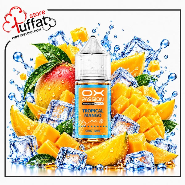 A 30ml bottle of DX Passion Tropical Mango e-liquid centered against a dynamic background of sliced mango, a whole mango, ice cubes, and water splashes. The bottle features a blue and orange label with the brand name 'DX PASSION'.