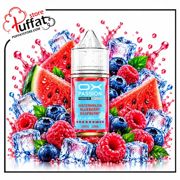 A 30ml bottle of OX PASSION Watermelon Blueberry Raspberry freeze salt nicotine e-liquid (35mg) with a transparent droplet-covered dropper cap, centered among ripe watermelon wedges, plump blueberries, fresh red raspberries, green leaves, and crystal-clear ice cubes, framed by dynamic splashes of ruby-red watermelon juice and cool blue water droplets over a reflective surface on a white background, enclosed in a thin black border with the Puffat Store logo in the top-left corner