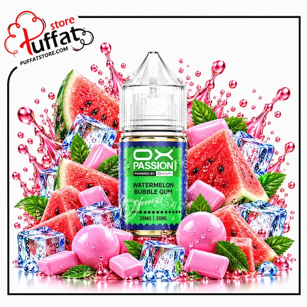 A bottle of OX Passion Watermelon Bubble Gum e-liquid centered against a white background, surrounded by illustrated watermelon slices, pink gummy candies, ice cubes, mint leaves, and pink liquid splashes. A 'store puffat' watermark appears in the top-left corner.
