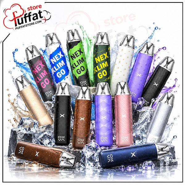 A group of disposable vape devices in multiple colors, including gold, black, blue, green, purple, pink, brown, silver, and navy, arranged in a splash of ice and water. The brand logo 'NEX Klim Go' is visible on several vapes, and a 'store pufffat' watermark is in the top left corner.