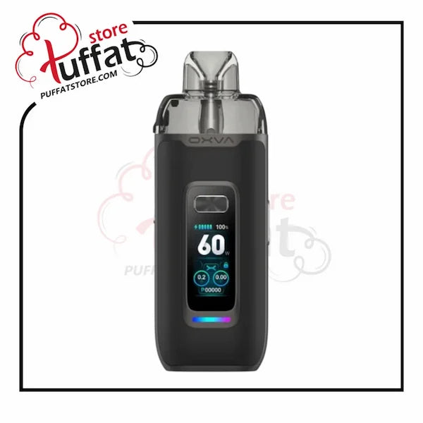 Black vape device with digital display on a white background, branded with 'Puffat Store'.