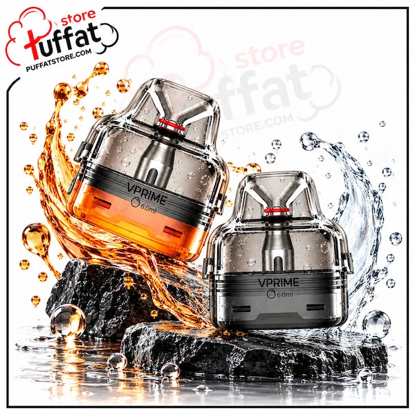 Two VPRIME 6ml disposable vape devices shown on rocks with water splashes and orange liquid effects, on a white background with a Puffat store watermark.