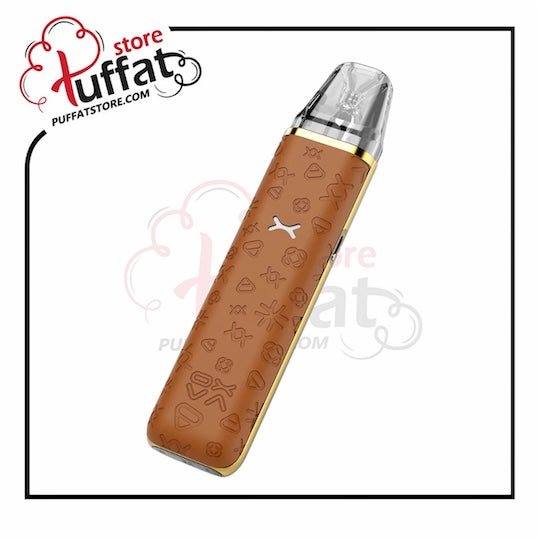 Brown textured vape pen with silver top on a white background, featuring Puffat logo.
