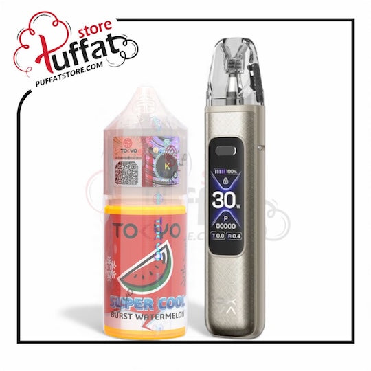 Vape device with packaging labeled 'Super Cool Burst Watermelon' and 'Puffat' brand logo.