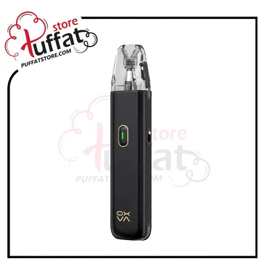 Black vape device with a clear top chamber on a white background, featuring the Puffat store logo.