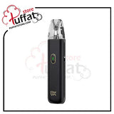 Black vape device with a clear top chamber on a white background, featuring the Puffat store logo.