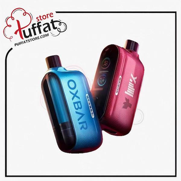 Two vape devices, one blue and one pink, with 'OXBAR' branding on a white background. Tuffat store logo is visible.