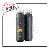 Vaping device with digital display and carbon fiber design on a white background, branded with Puffatstore.