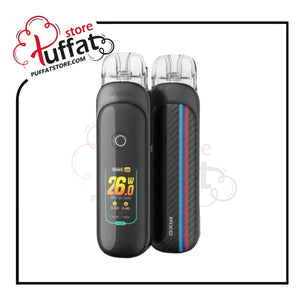 Vaping device with digital display and carbon fiber design on a white background, branded with Puffatstore.