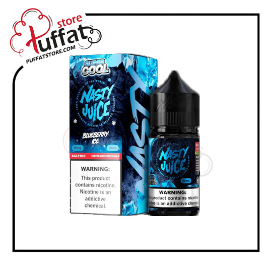 Nasty Juice Blueberry Ice e-liquid bottle and packaging with Puffat store logo.