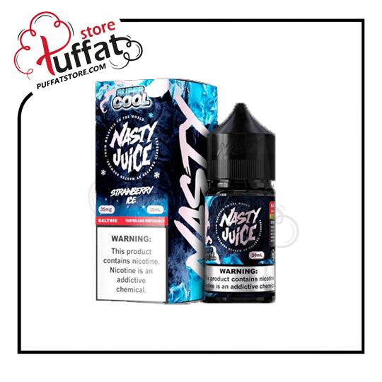 Nasty Juice strawberry e-liquid bottle and packaging with Puffat store logo.