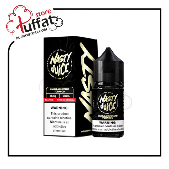 Nasty Juice vanilla custard tobacco e-liquid bottle and packaging on a white background with Puffat store logo.