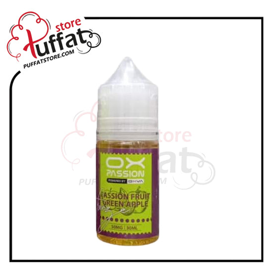 Bottle of OX Passion Fruit Green Apple vape juice with Puffat store branding.