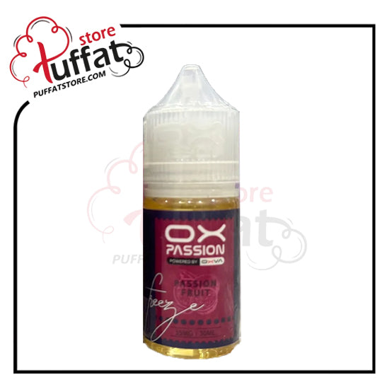 Vape juice bottle with 'OX Passion' flavor on a white background, branded with 'Puffat'.