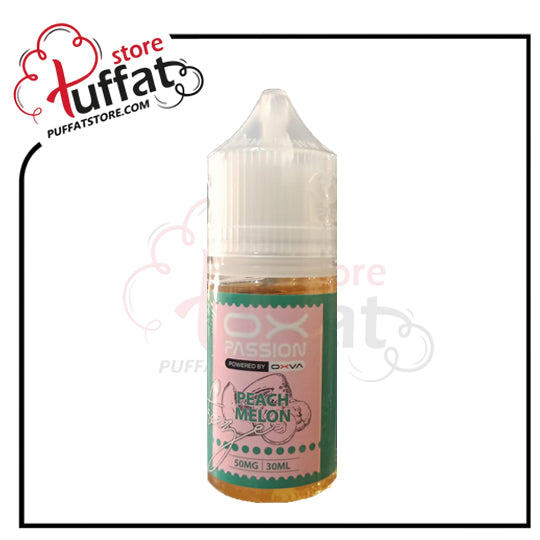 Vape juice bottle with 'Peach Melon' flavor on a white background, branded with Puffat store.
