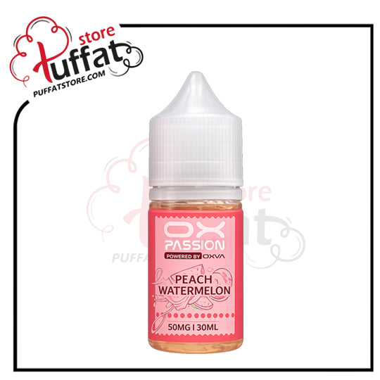Peach watermelon vape juice bottle with pink label on a white background, featuring the Puffat store logo.