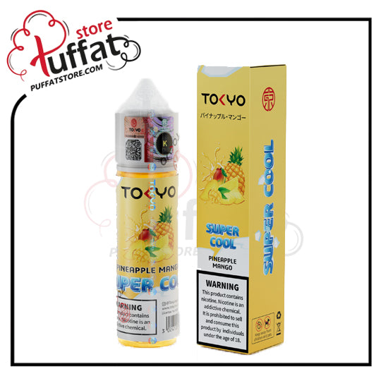 Tokyo Pineapple Mango vape juice bottle and packaging with 'Puffat Store' branding.