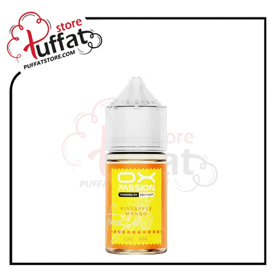 Vape juice bottle with yellow label featuring 'OX Passion' flavor on a white background, branded with 'Puffat'.