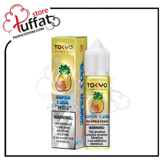 Tokyo Super Cool Pineapple Peach vape juice bottle and packaging with Puffat store branding.
