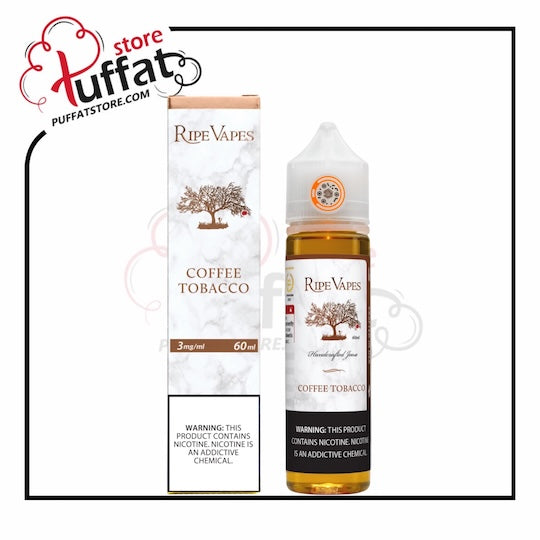 Ripe Vapes Coffee Tobacco e-liquid bottle and packaging with Puffat logo.