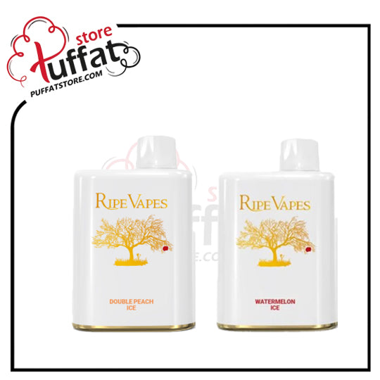 Two Ripe Vapes bottles with tree design on a white background, featuring the Puffat store logo.