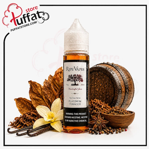A bottle of Ripe Vapes 'Handcrafted Flavor' e-liquid, Platinum Tobacco, centered on a white background with vanilla beans, a vanilla flower, cinnamon sticks, star anise, and a wooden barrel prop. A 'store puffat PUFFATSTORE.