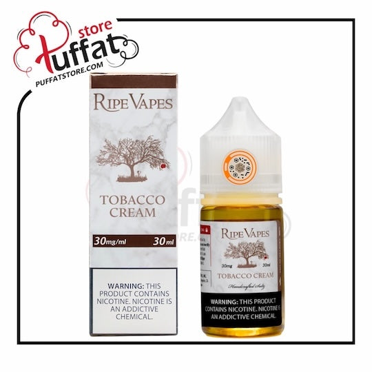 Ripe Vapes Tobacco Cream vape juice bottle and packaging on a white background