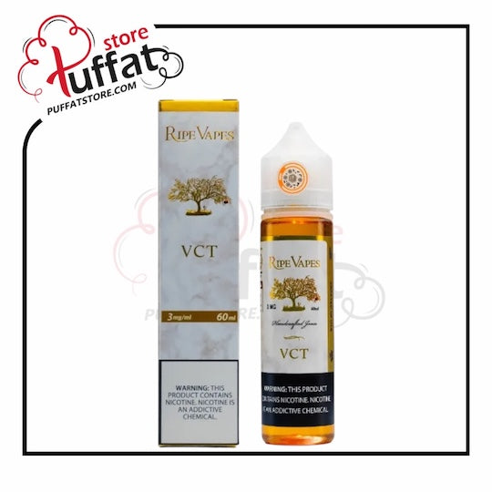 Ripe Vapes VCT vape juice bottle and packaging with Puffat store logo.