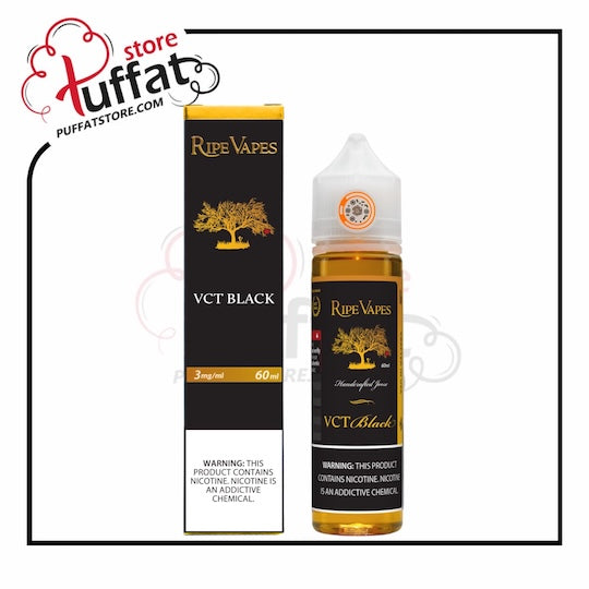 Ripe Vapes VCT Black vape juice bottle and packaging on a white background with Puffat store logo.