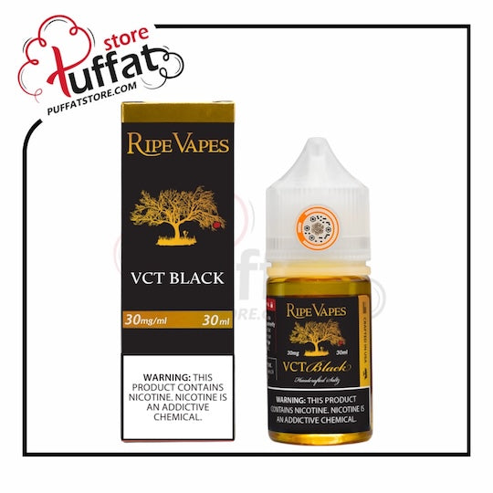 Ripe Vapes VCT Black vape juice bottle and packaging on a white background