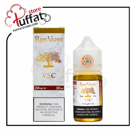Ripe Vapes VSC vape juice bottle and packaging on a white background with Puffat store logo.
