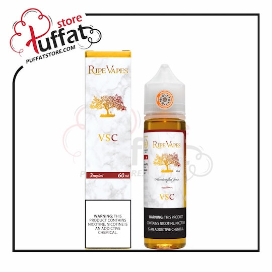 Ripe Vapes VSC vape juice bottle and packaging on a white background with Puffat logo.