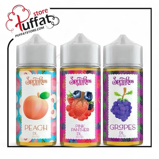 Three bottles of Sprinkles Juice with fruit-themed labels on a white background, featuring the Puffat brand.