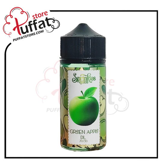 Green apple-flavored vape juice bottle with a label featuring an apple, branded by Tuffat store.