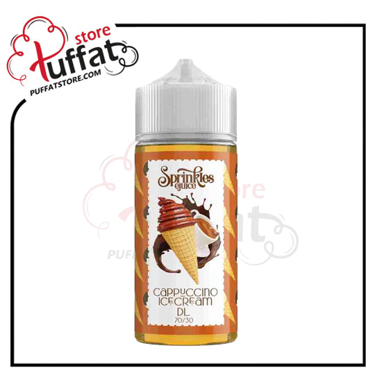 Vape juice bottle with ice cream cone design on a white background, featuring the brand 'Sprinkles Juice'.