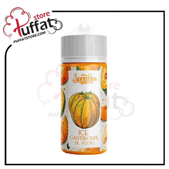 Vape juice bottle with cantaloupe design on a white background, featuring the Puffat store logo.