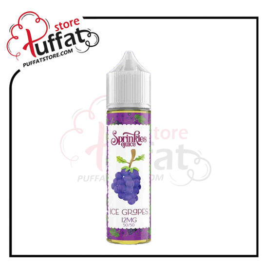 Vape juice bottle with purple grapes design on a white background, featuring the brand 'Puffat'.