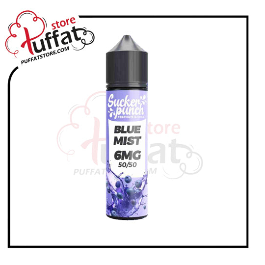 Vape juice bottle labeled 'Blue Mist 6MG' with Puffat store branding on a white background
