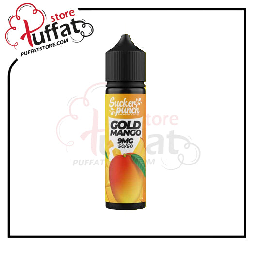 Vape juice bottle labeled 'Gold Mango' with a yellow label featuring an image of a mango on a white background.