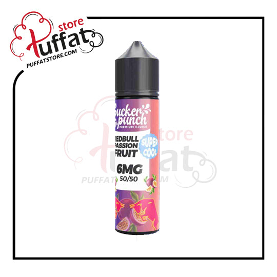Vape juice bottle with colorful label on a white background, featuring the brand 'Puffat'.