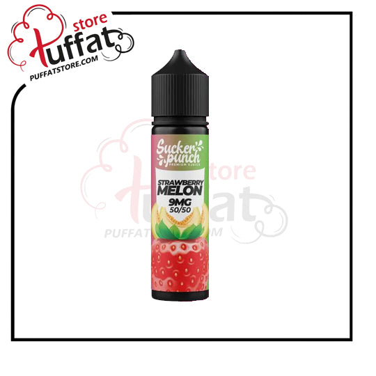 Vape juice bottle with strawberry melon flavor on a white background