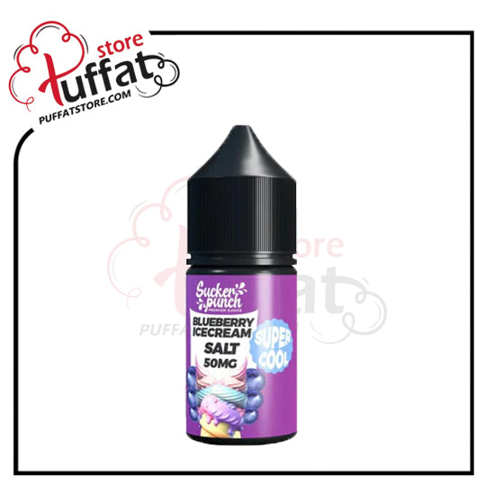 Vape juice bottle with purple label featuring blueberries and ice cream, branded as 'Puffat'.