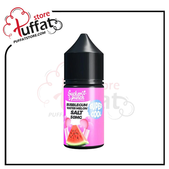 Vape juice bottle with pink label featuring watermelon flavor on a white background
