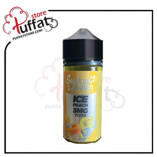 Vape juice bottle with yellow label featuring 'Gucker Punch' on a white background, branded with 'Puffat'.