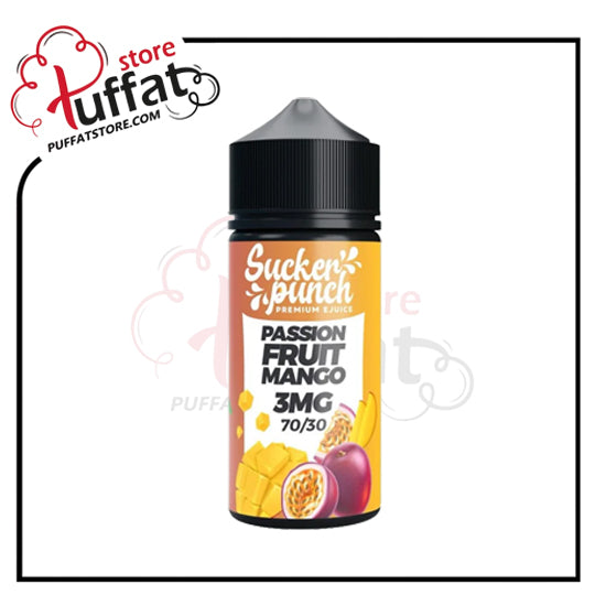 Vape juice bottle labeled 'Sucker Punch' with passion fruit and mango flavor on a white background.
