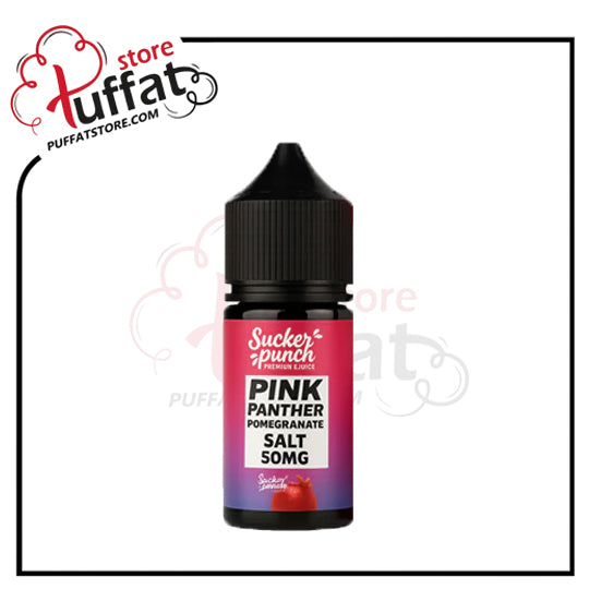 Sucker Punch Pink Panther Pomegranate Salt Somg vape juice bottle with Tuffat store logo.
