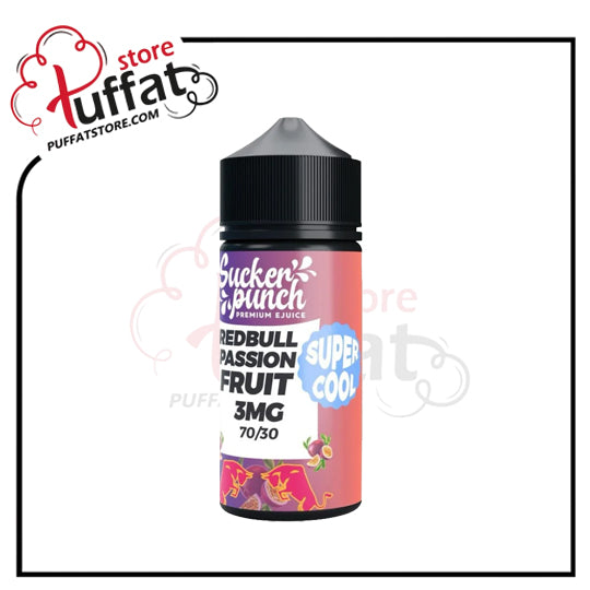 Bottle of Sucker Punch Red Bull Passion Fruit e-liquid with Puffat store branding.