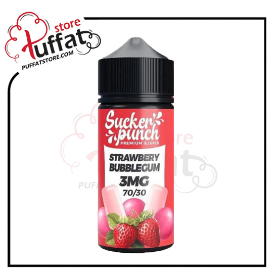Sucker Punch Strawberry Bubblegum vape juice bottle with Puffat store logo.
